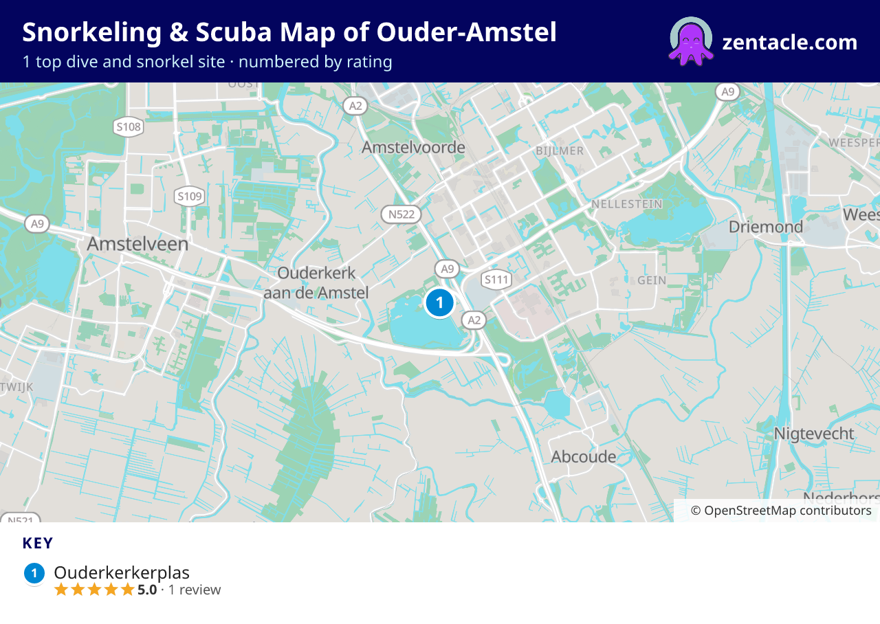 Snorkeling & Scuba Map of Ouder-Amstel: numbered map of the top 1 dive and snorkel sites, with ratings