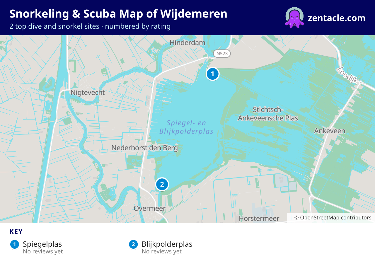 Snorkeling & Scuba Map of Wijdemeren: numbered map of the top 2 dive and snorkel sites, with ratings