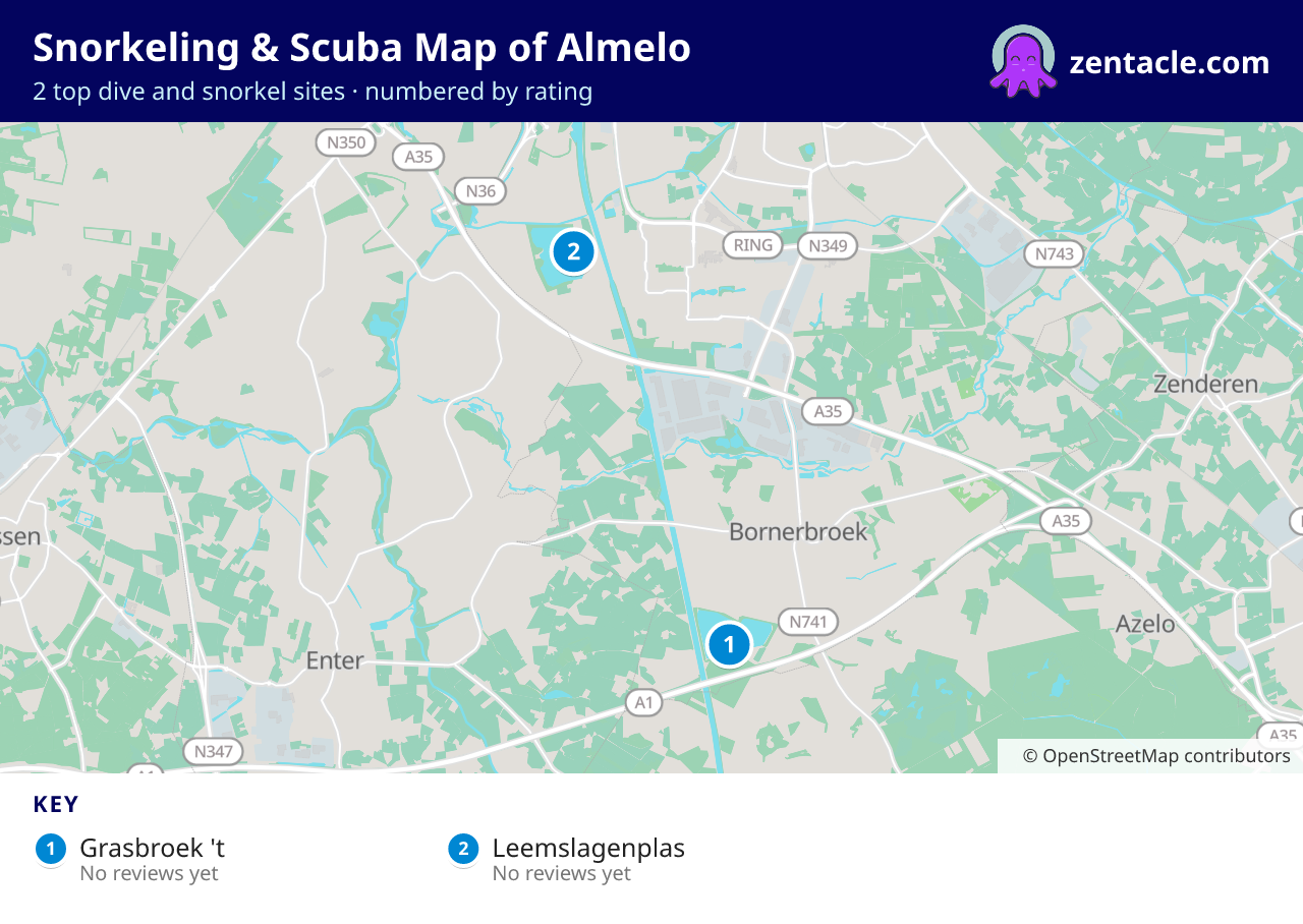 Snorkeling & Scuba Map of Almelo: numbered map of the top 2 dive and snorkel sites, with ratings