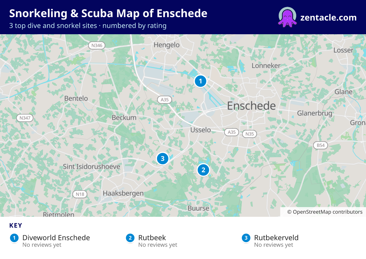 Snorkeling & Scuba Map of Enschede: numbered map of the top 3 dive and snorkel sites, with ratings