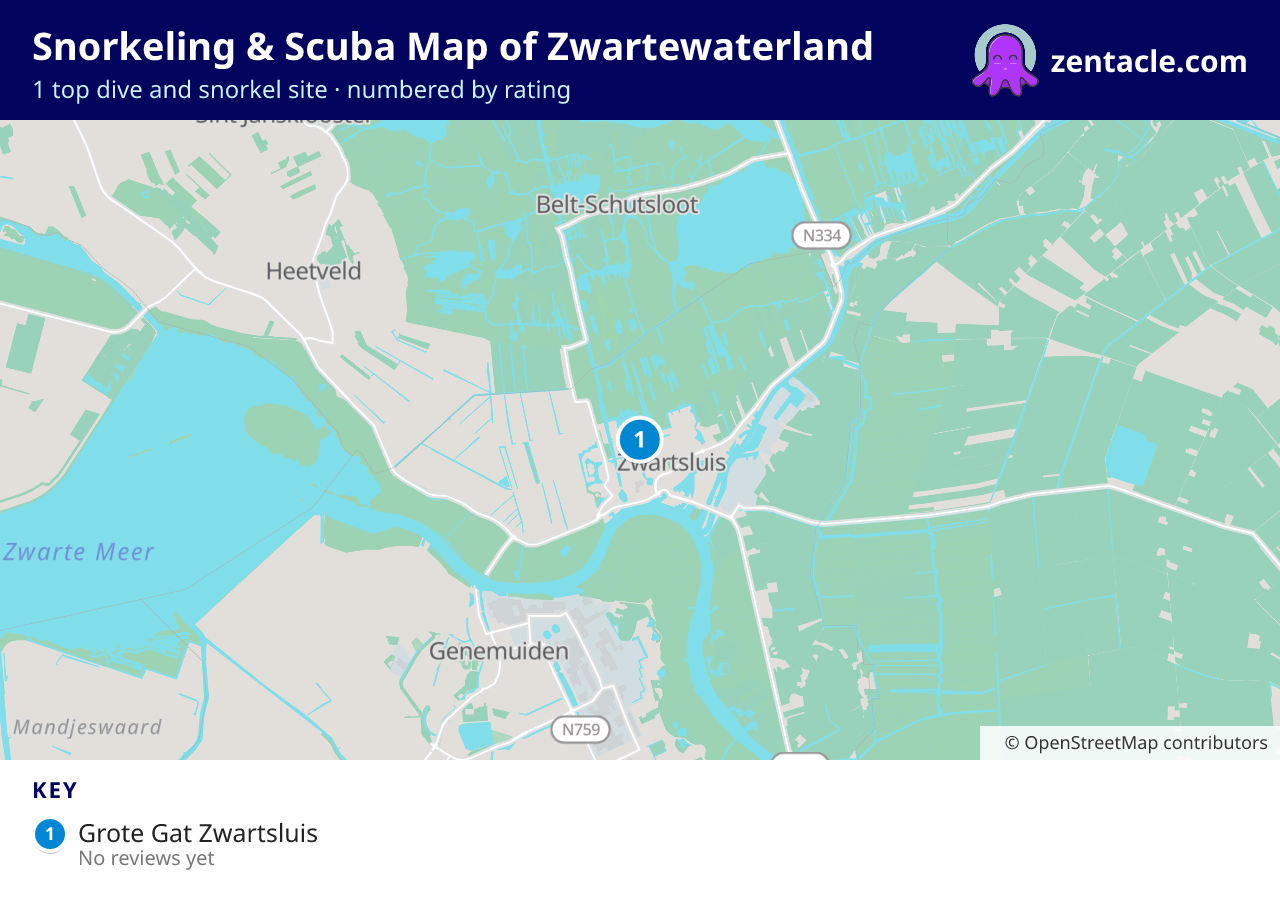 Snorkeling & Scuba Map of Zwartewaterland: numbered map of the top 1 dive and snorkel sites, with ratings