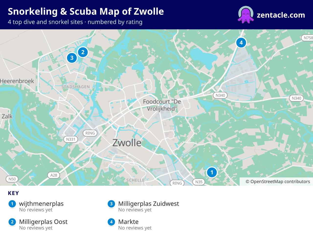 Snorkeling & Scuba Map of Zwolle: numbered map of the top 4 dive and snorkel sites, with ratings