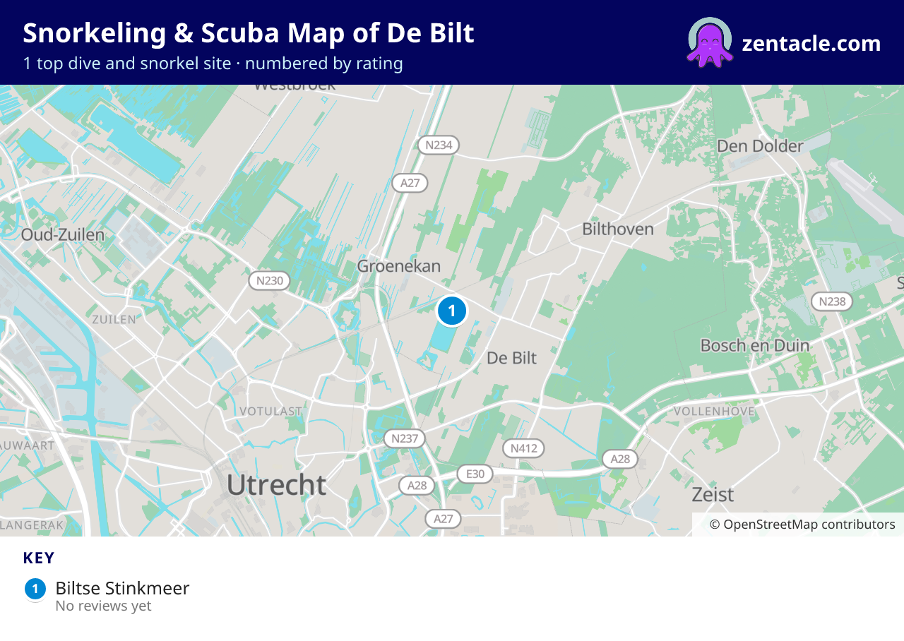 Snorkeling & Scuba Map of De Bilt: numbered map of the top 1 dive and snorkel sites, with ratings