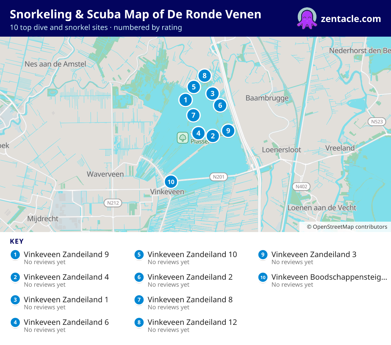 Snorkeling & Scuba Map of De Ronde Venen: numbered map of the top 10 dive and snorkel sites, with ratings