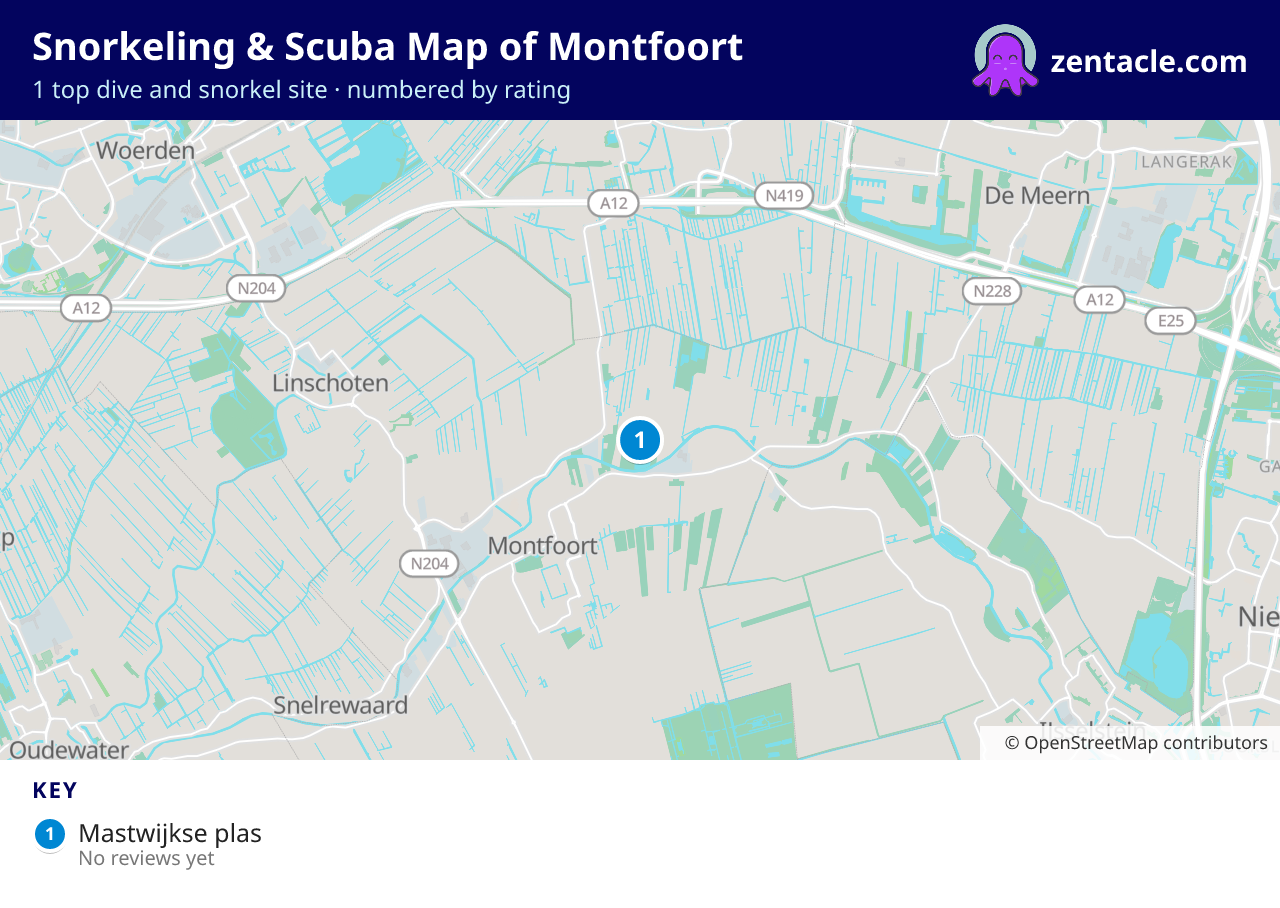 Snorkeling & Scuba Map of Montfoort: numbered map of the top 1 dive and snorkel sites, with ratings
