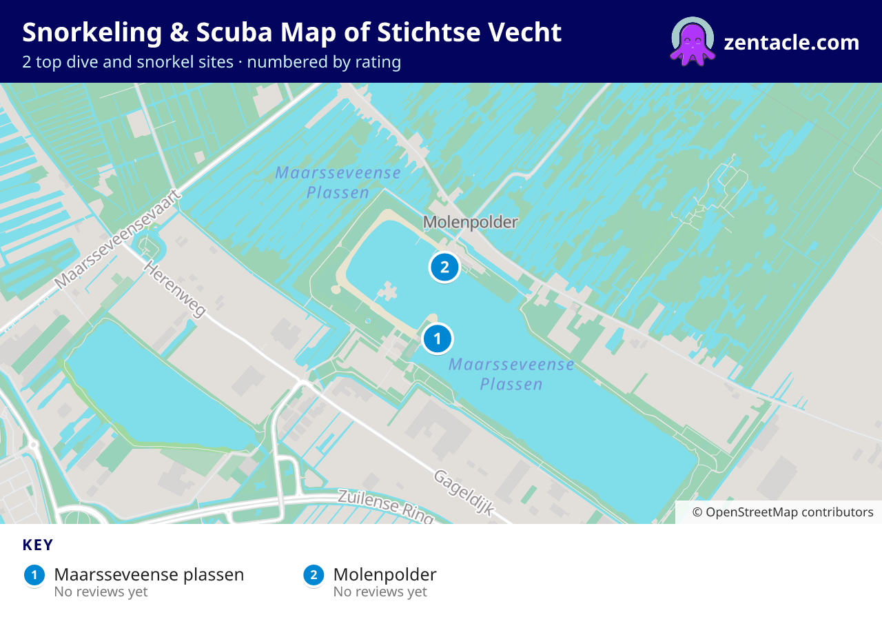Snorkeling & Scuba Map of Stichtse Vecht: numbered map of the top 2 dive and snorkel sites, with ratings
