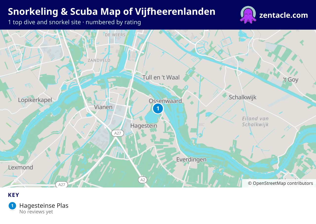 Snorkeling & Scuba Map of Vijfheerenlanden: numbered map of the top 1 dive and snorkel sites, with ratings