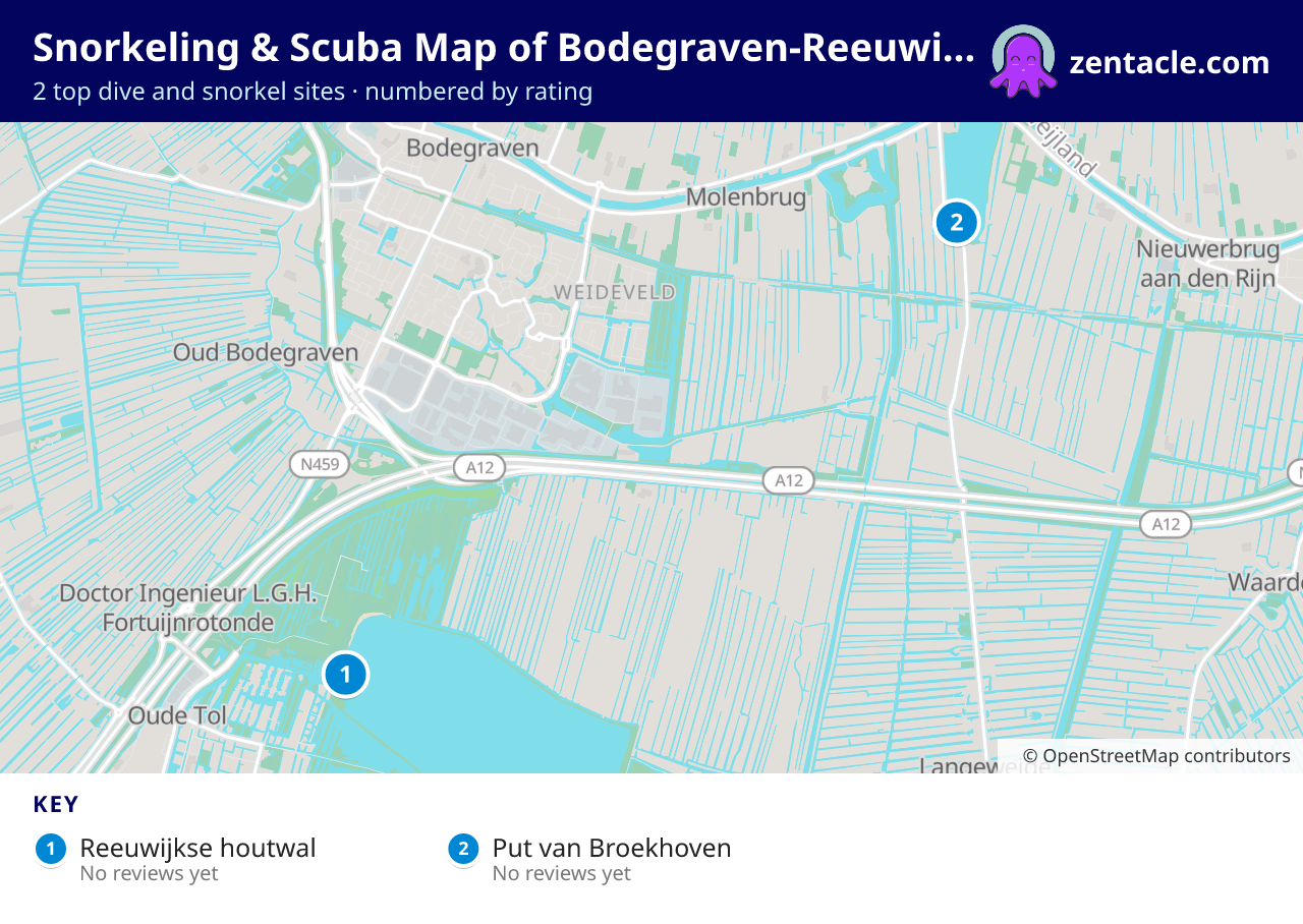 Snorkeling & Scuba Map of Bodegraven-Reeuwijk: numbered map of the top 2 dive and snorkel sites, with ratings