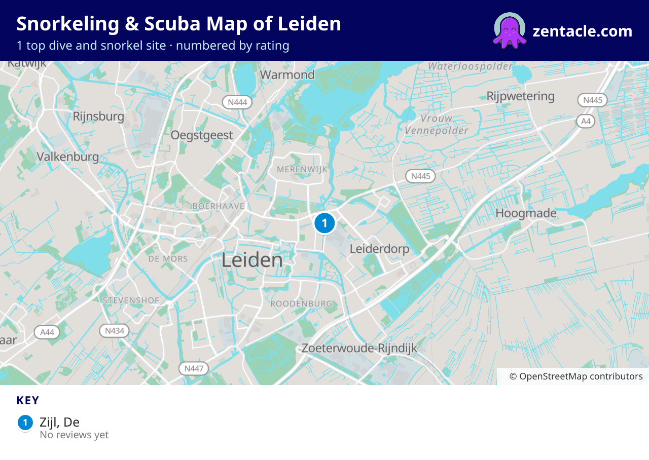 Snorkeling & Scuba Map of Leiden: numbered map of the top 1 dive and snorkel sites, with ratings