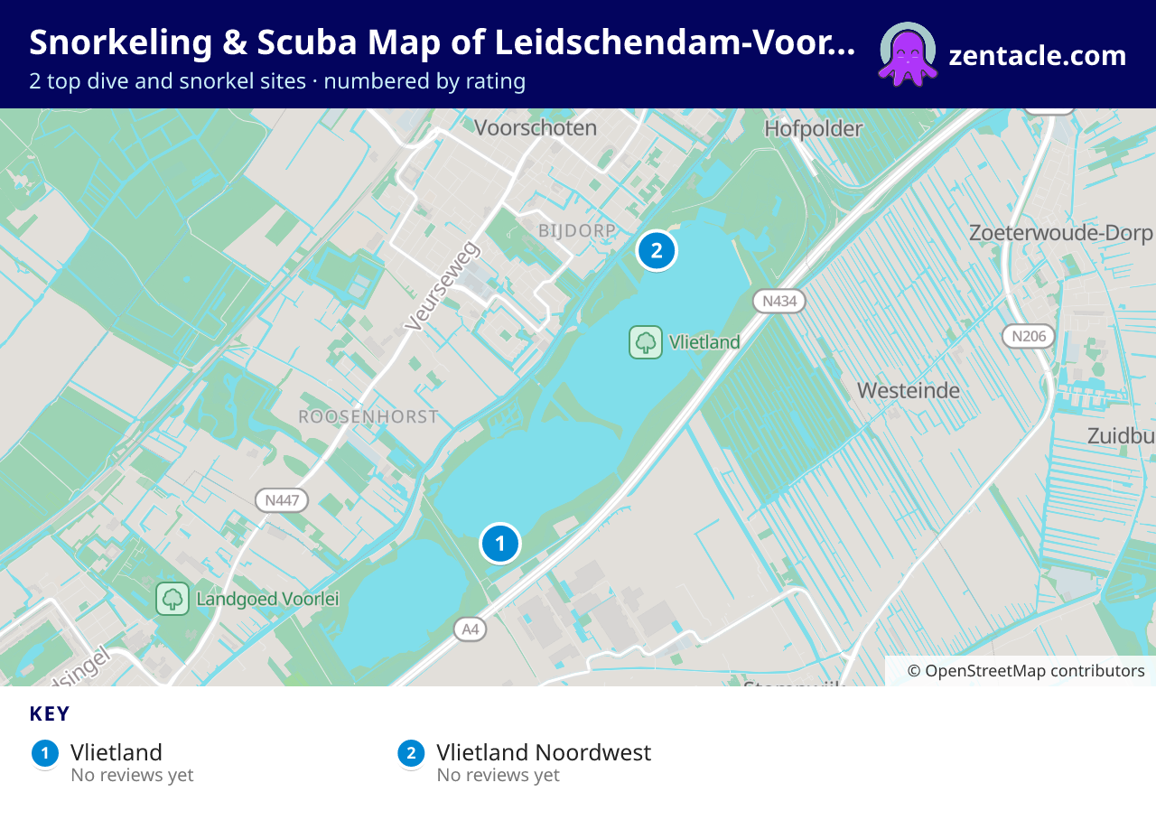 Snorkeling & Scuba Map of Leidschendam-Voorburg: numbered map of the top 2 dive and snorkel sites, with ratings