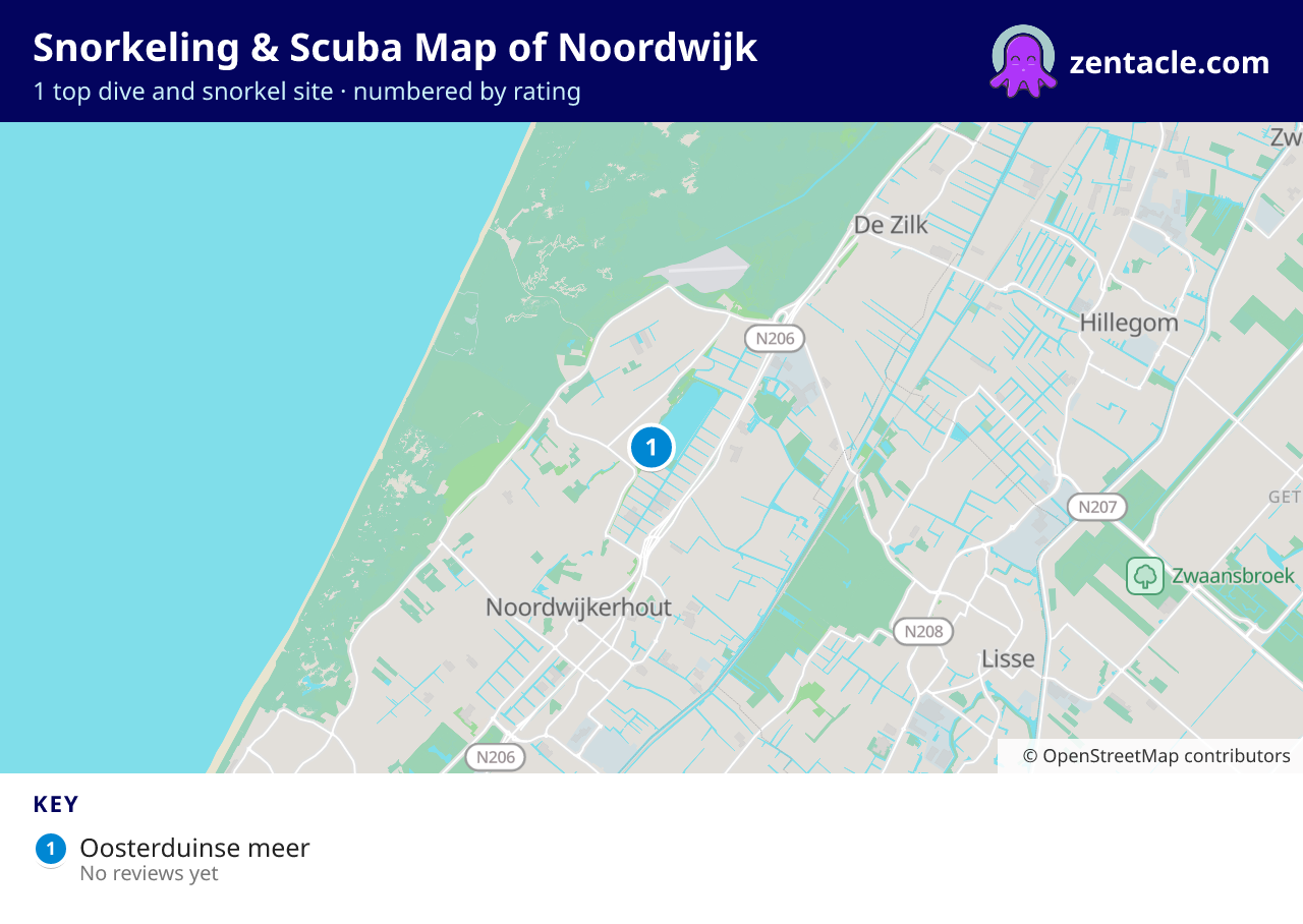 Snorkeling & Scuba Map of Noordwijk: numbered map of the top 1 dive and snorkel sites, with ratings