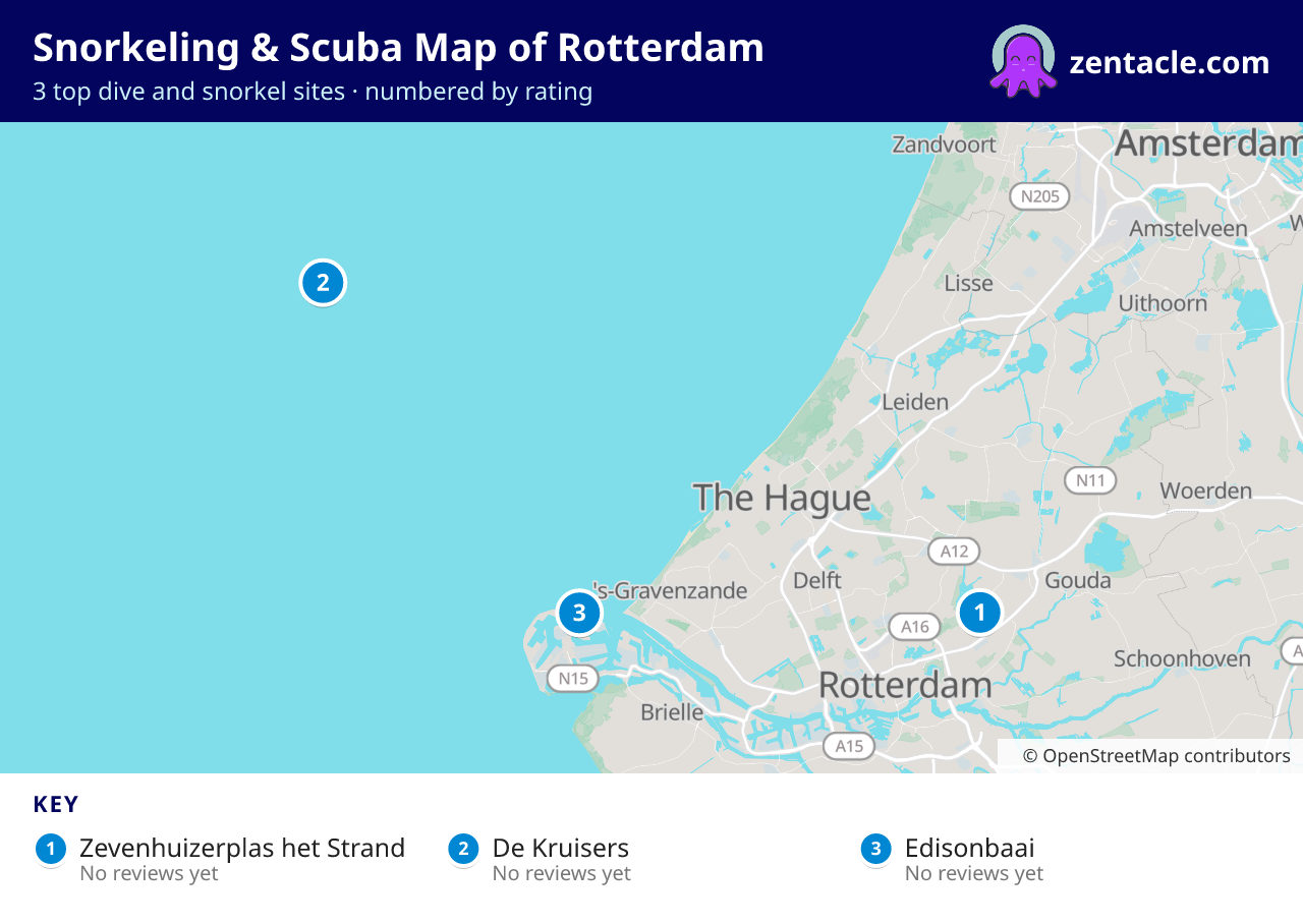 Snorkeling & Scuba Map of Rotterdam: numbered map of the top 3 dive and snorkel sites, with ratings