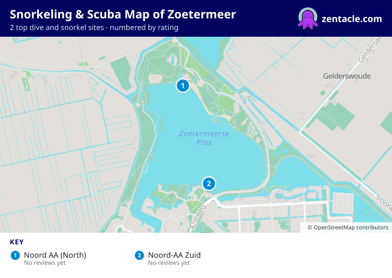 Snorkeling & Scuba Map of Zoetermeer: numbered map of the top 2 dive and snorkel sites, with ratings