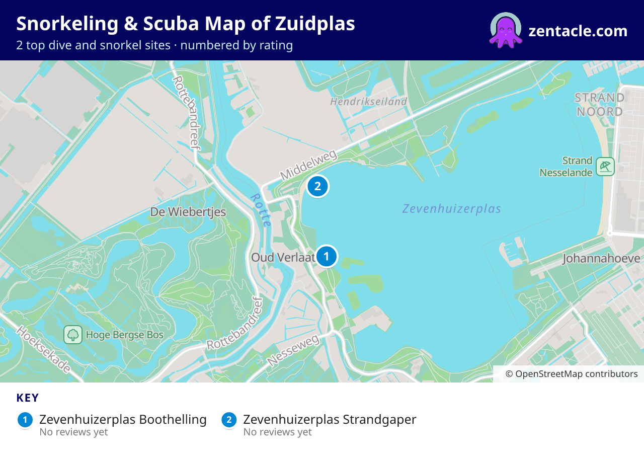 Snorkeling & Scuba Map of Zuidplas: numbered map of the top 2 dive and snorkel sites, with ratings