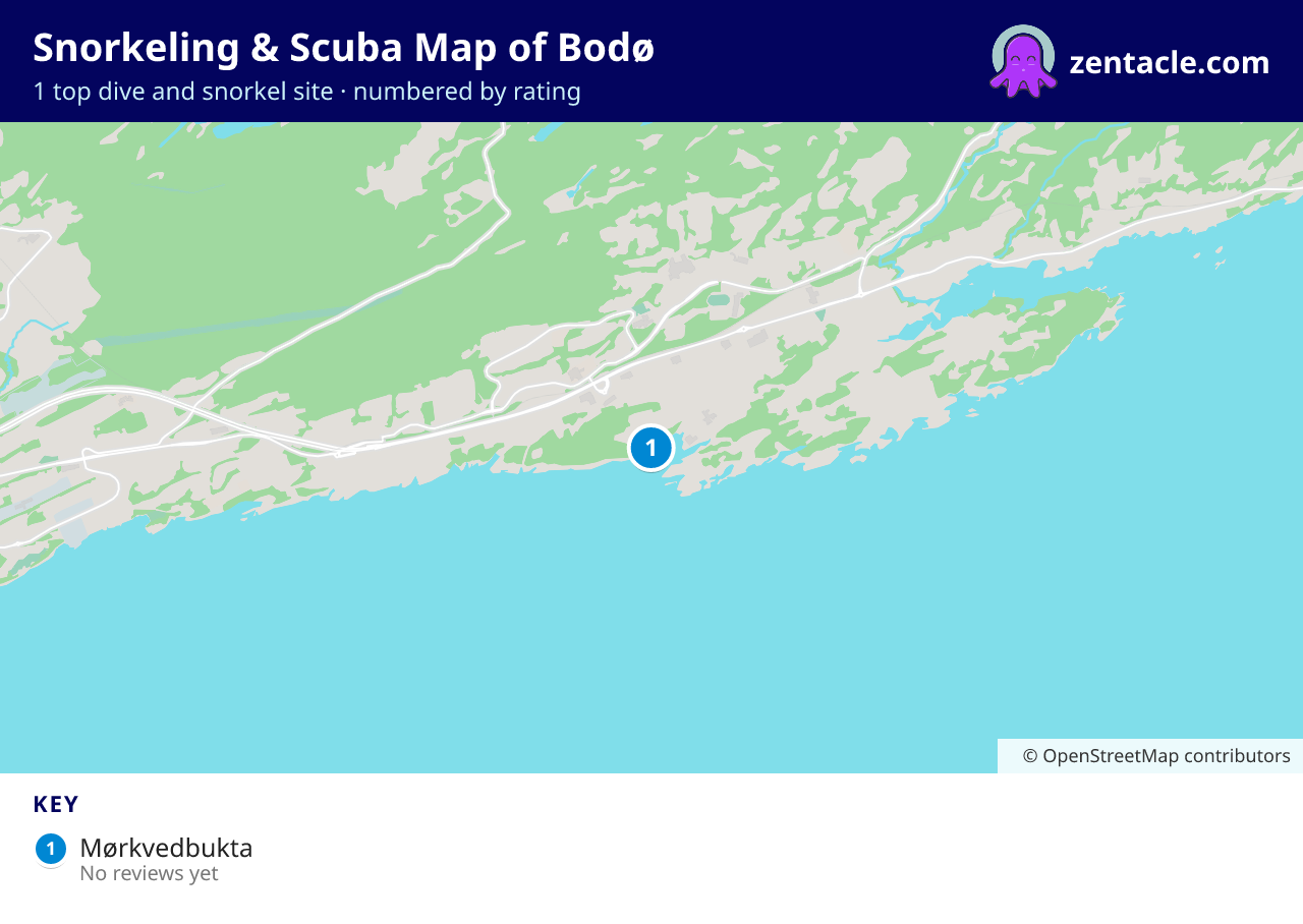 Snorkeling & Scuba Map of Bodø: numbered map of the top 1 dive and snorkel sites, with ratings