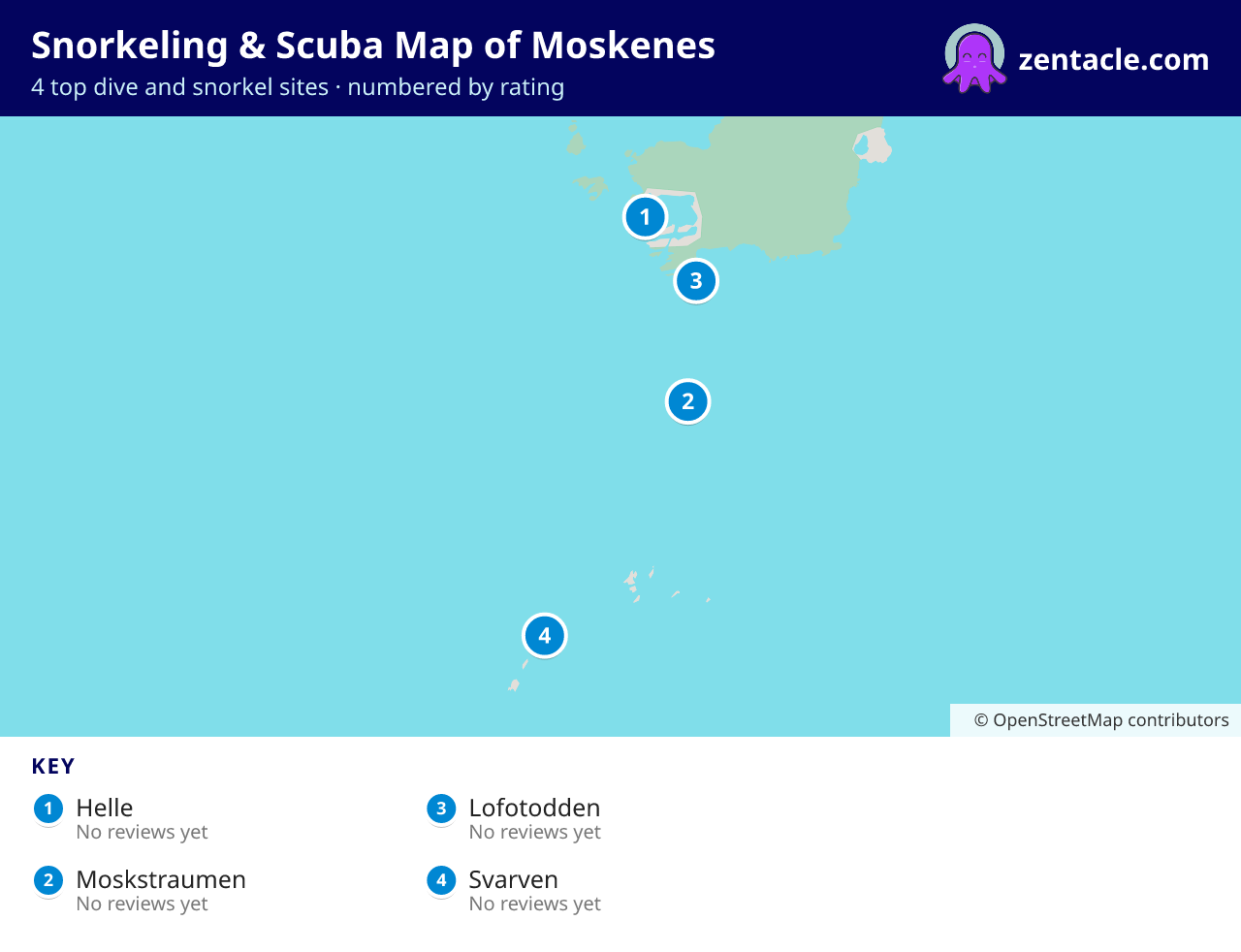 Snorkeling & Scuba Map of Moskenes: numbered map of the top 4 dive and snorkel sites, with ratings