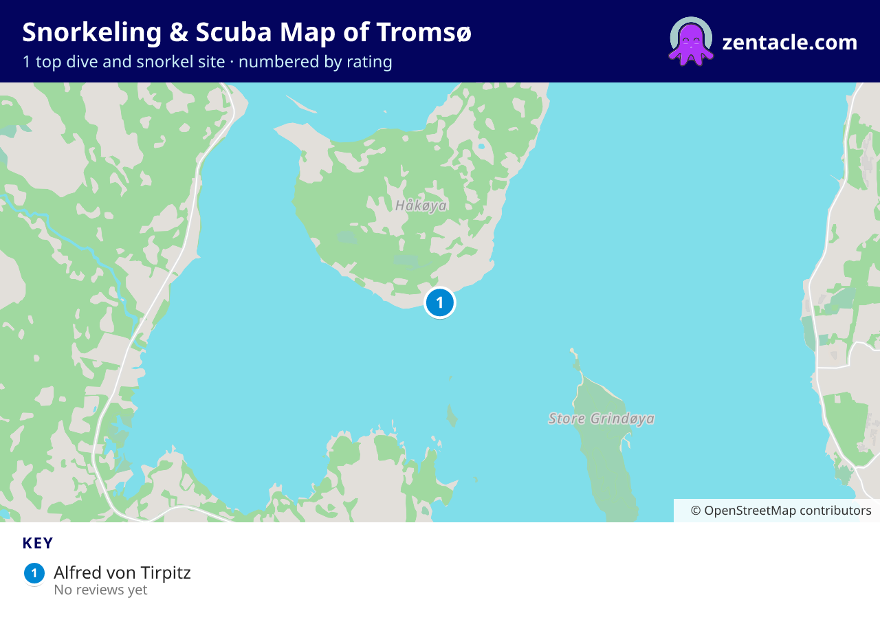 Snorkeling & Scuba Map of Tromsø: numbered map of the top 1 dive and snorkel sites, with ratings
