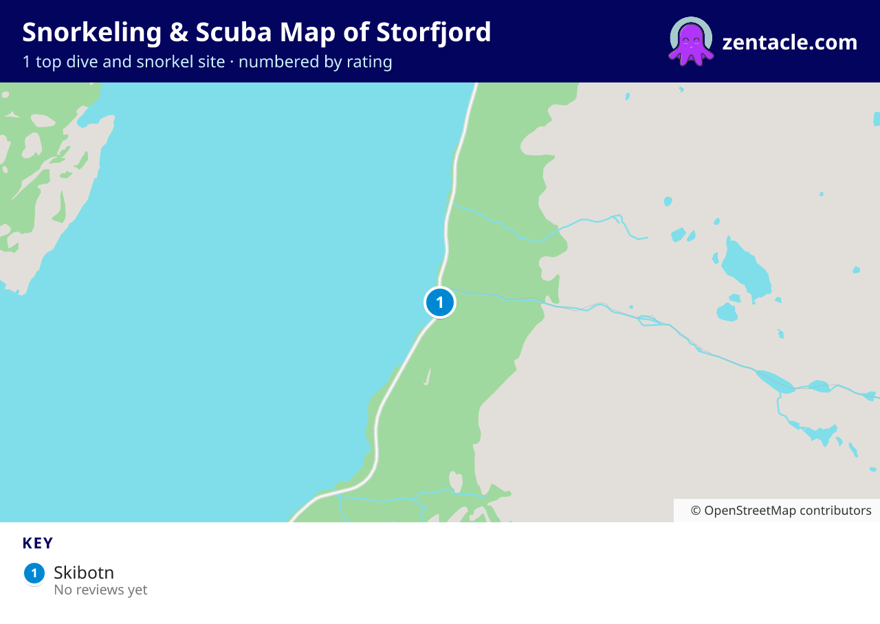 Snorkeling & Scuba Map of Storfjord: numbered map of the top 1 dive and snorkel sites, with ratings