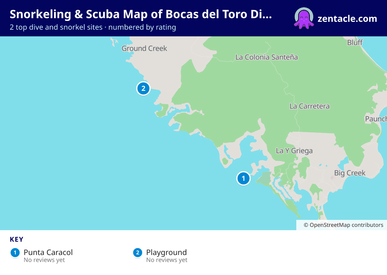 Snorkeling & Scuba Map of Bocas del Toro District: numbered map of the top 2 dive and snorkel sites, with ratings