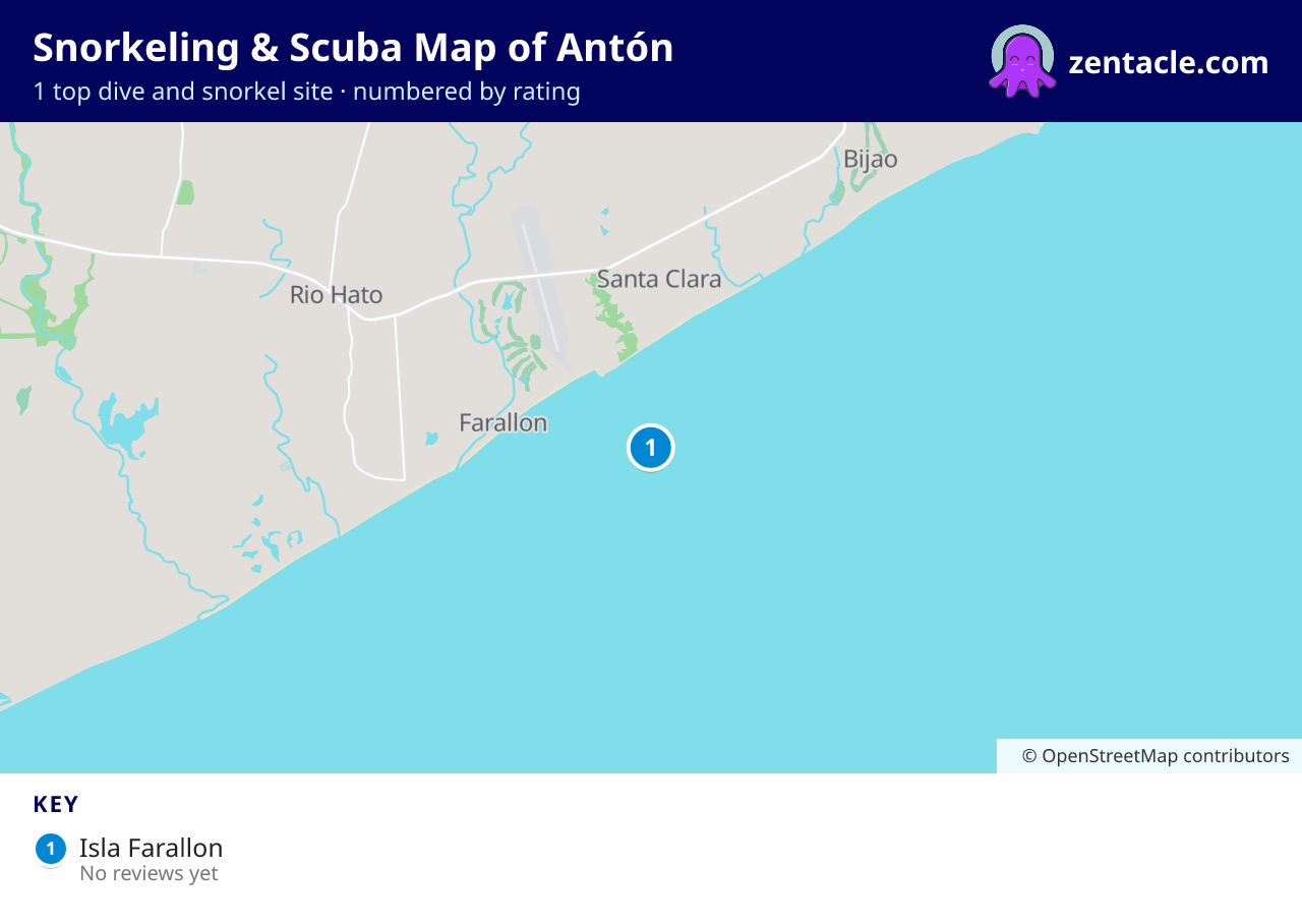 Snorkeling & Scuba Map of Antón: numbered map of the top 1 dive and snorkel sites, with ratings