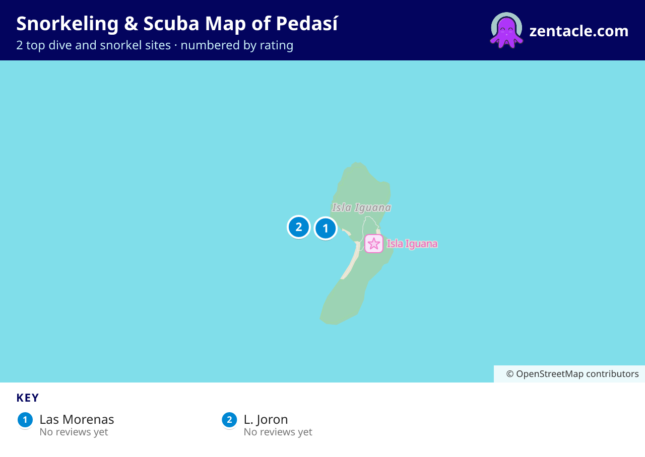 Snorkeling & Scuba Map of Pedasí: numbered map of the top 2 dive and snorkel sites, with ratings