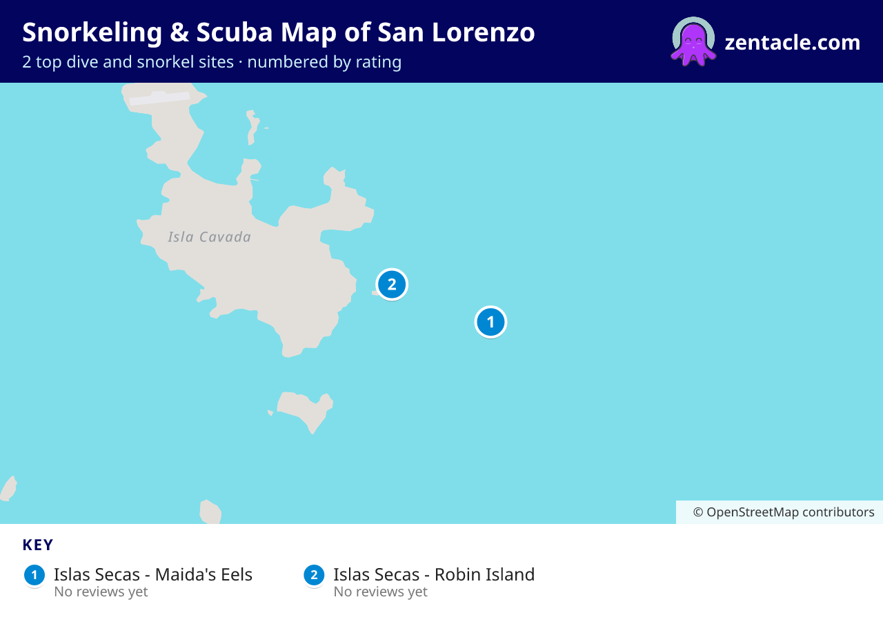 Snorkeling & Scuba Map of San Lorenzo: numbered map of the top 2 dive and snorkel sites, with ratings