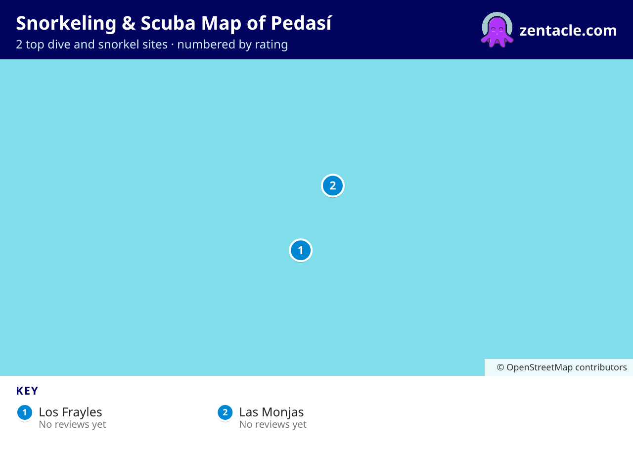 Snorkeling & Scuba Map of Pedasí: numbered map of the top 2 dive and snorkel sites, with ratings