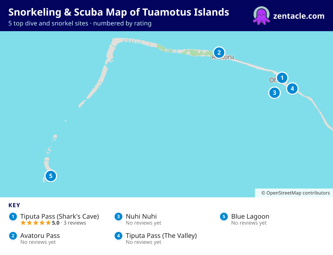 Snorkeling & Scuba Map of Tuamotus Islands: numbered map of the top 5 dive and snorkel sites, with ratings