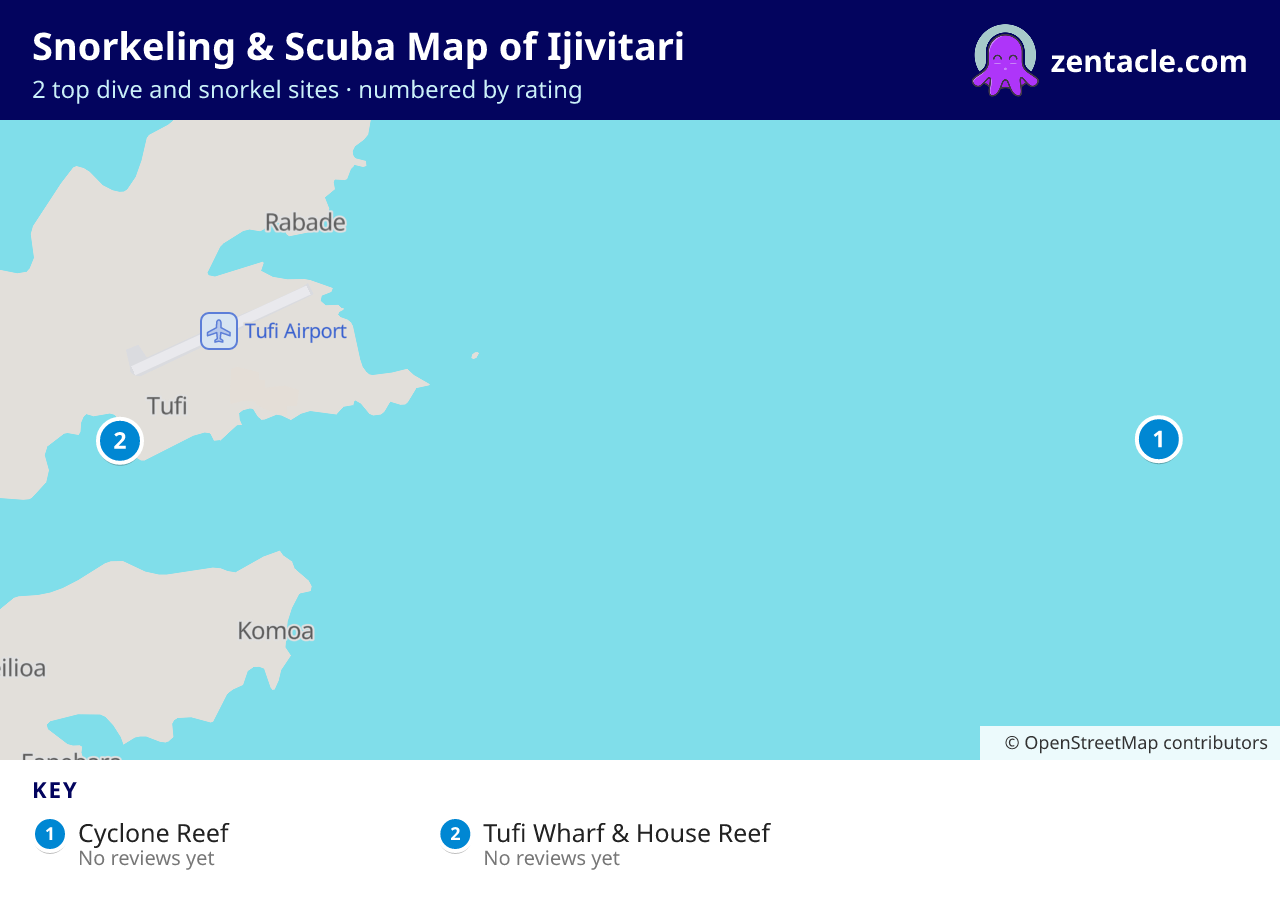 Snorkeling & Scuba Map of Ijivitari: numbered map of the top 2 dive and snorkel sites, with ratings