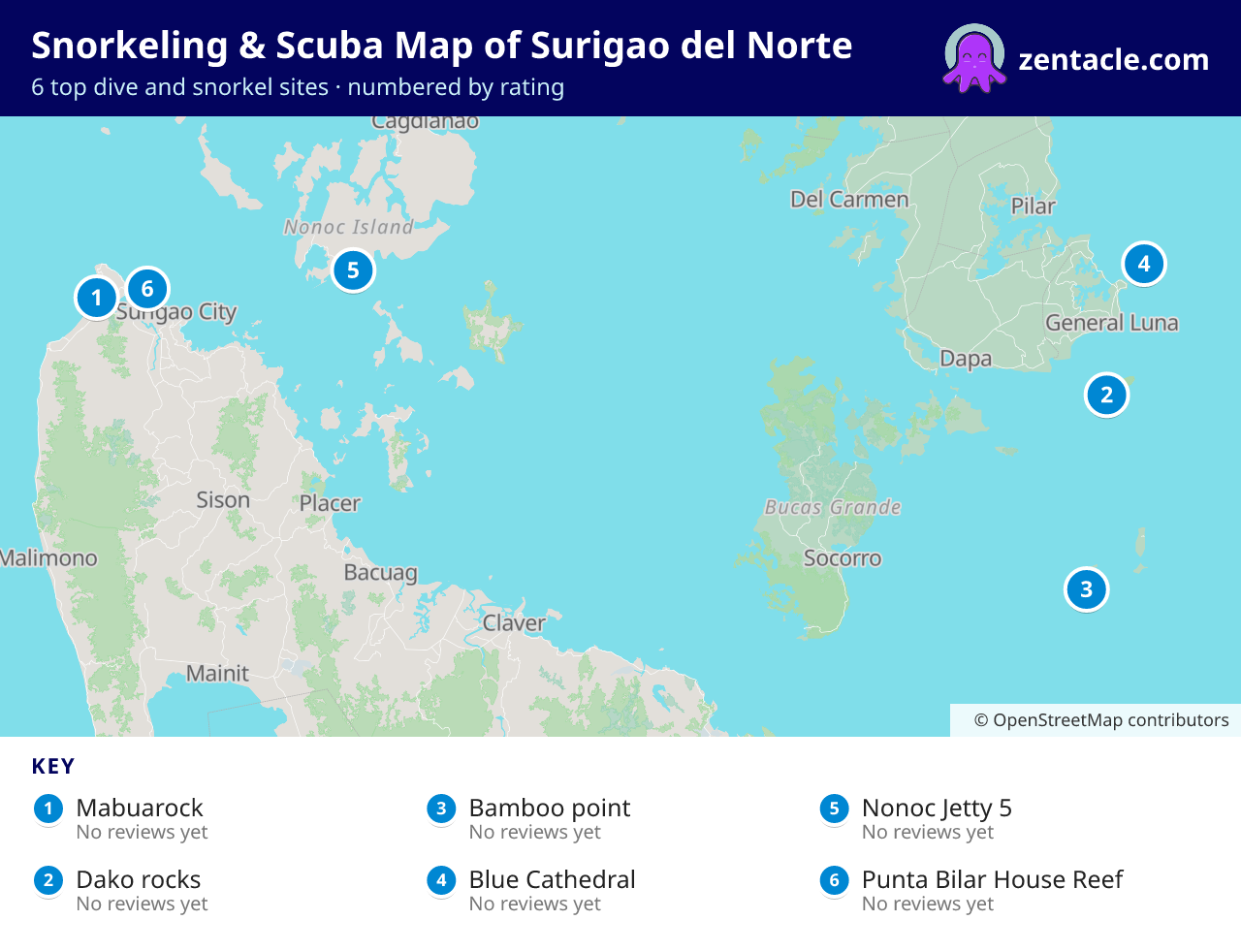 Snorkeling & Scuba Map of Surigao del Norte: numbered map of the top 6 dive and snorkel sites, with ratings