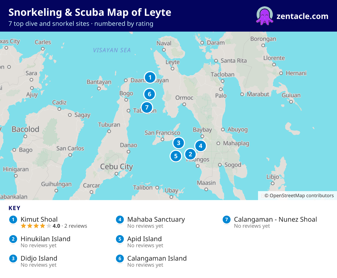 Snorkeling & Scuba Map of Leyte: numbered map of the top 7 dive and snorkel sites, with ratings
