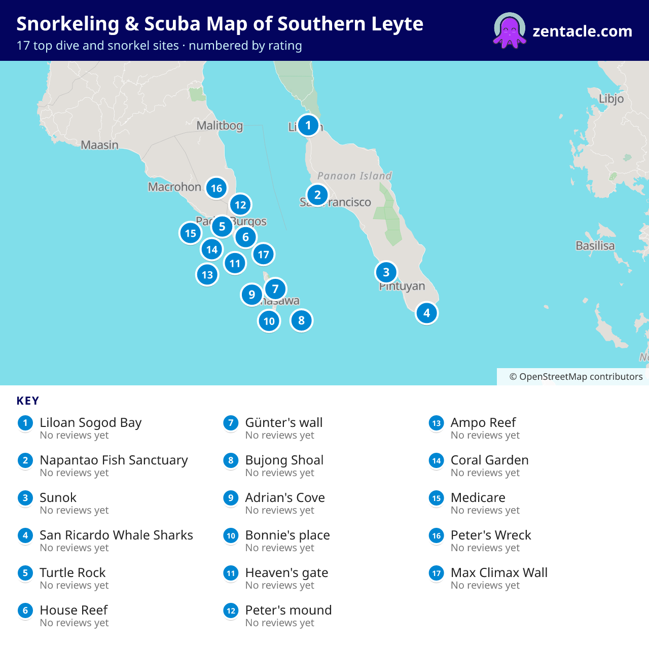 Snorkeling & Scuba Map of Southern Leyte: numbered map of the top 17 dive and snorkel sites, with ratings