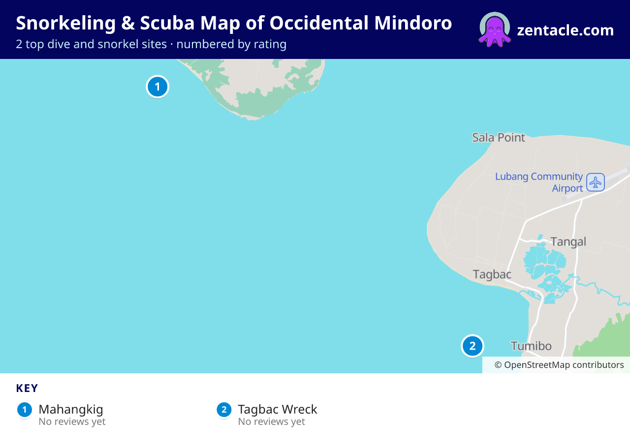 Snorkeling & Scuba Map of Occidental Mindoro: numbered map of the top 2 dive and snorkel sites, with ratings