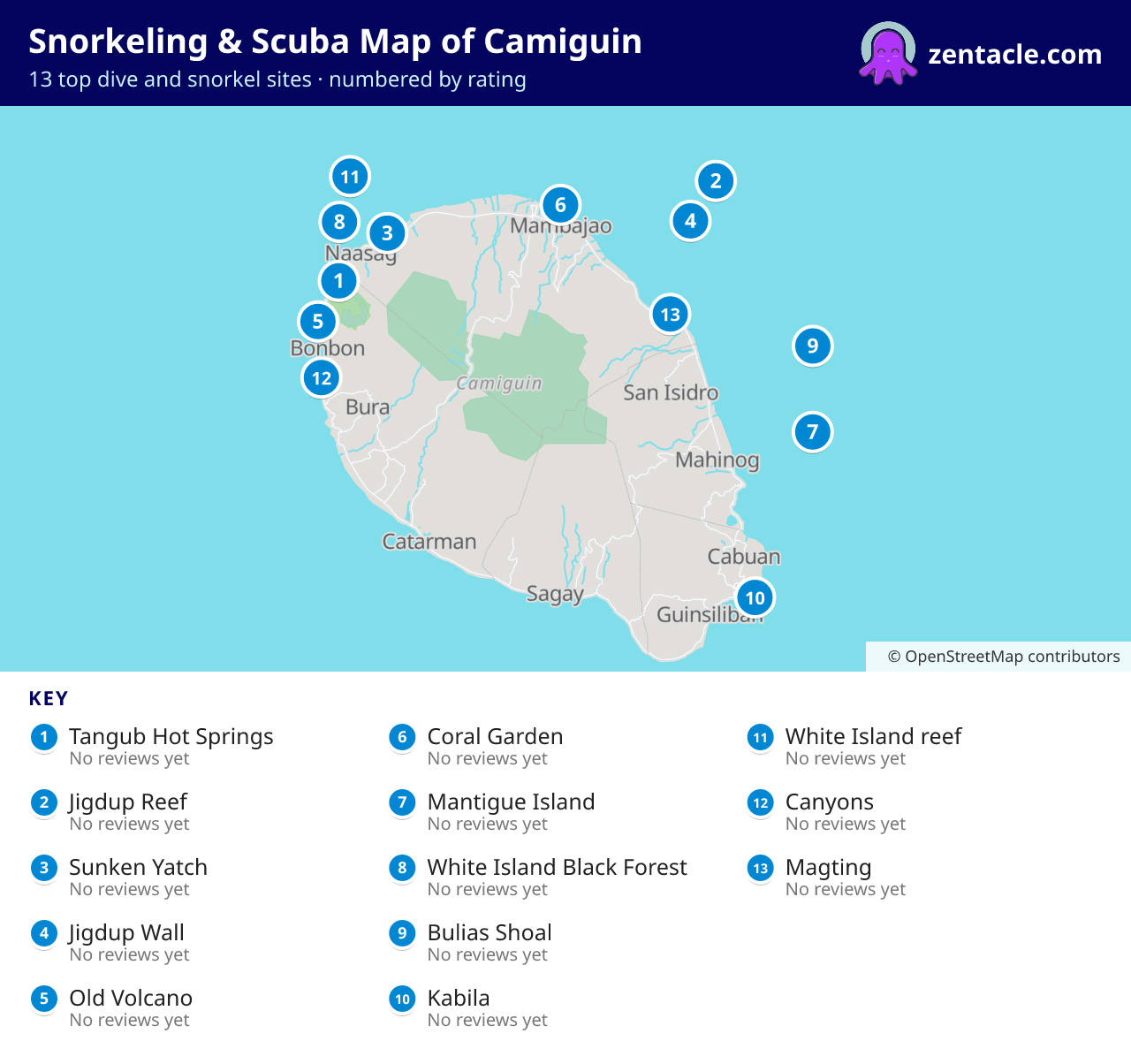 Snorkeling & Scuba Map of Camiguin: numbered map of the top 13 dive and snorkel sites, with ratings