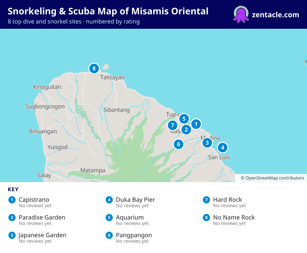Snorkeling & Scuba Map of Misamis Oriental: numbered map of the top 8 dive and snorkel sites, with ratings