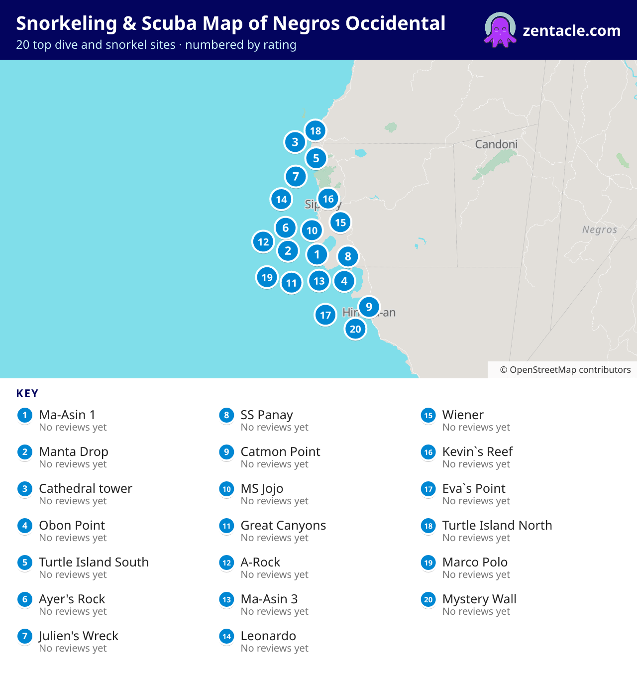 Snorkeling & Scuba Map of Negros Occidental: numbered map of the top 20 dive and snorkel sites, with ratings