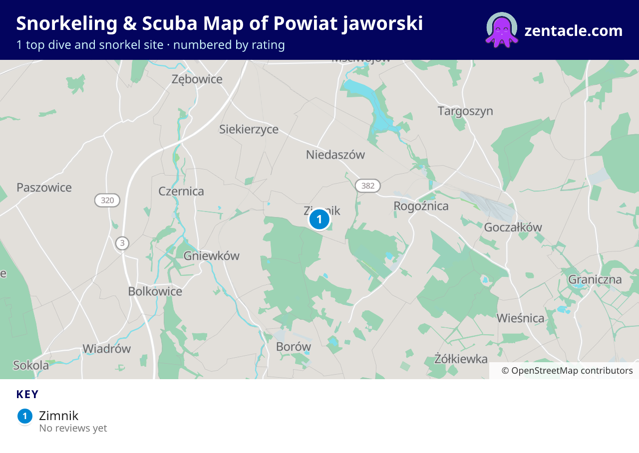 Snorkeling & Scuba Map of Powiat jaworski: numbered map of the top 1 dive and snorkel sites, with ratings