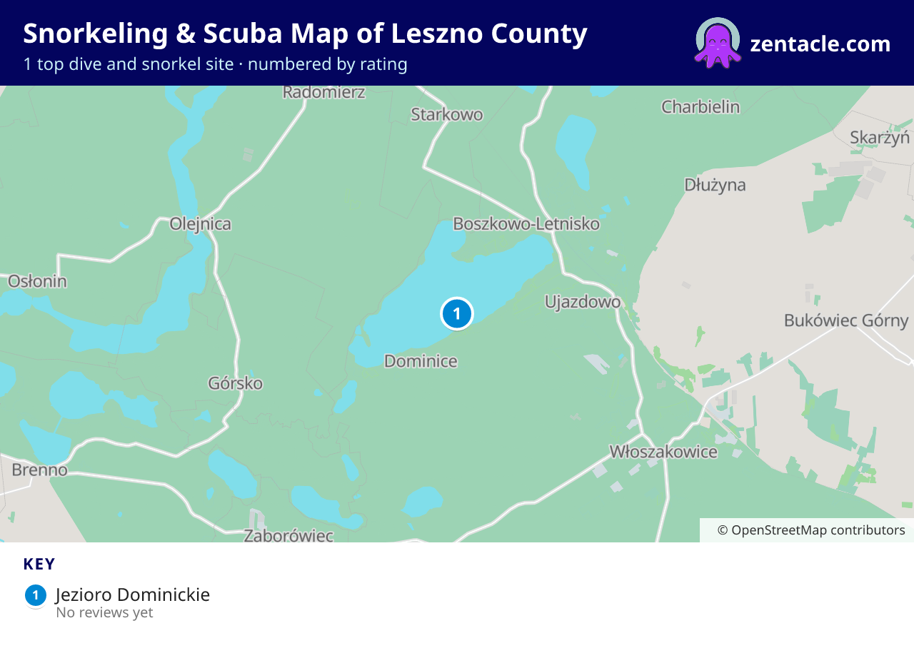 Snorkeling & Scuba Map of Leszno County: numbered map of the top 1 dive and snorkel sites, with ratings