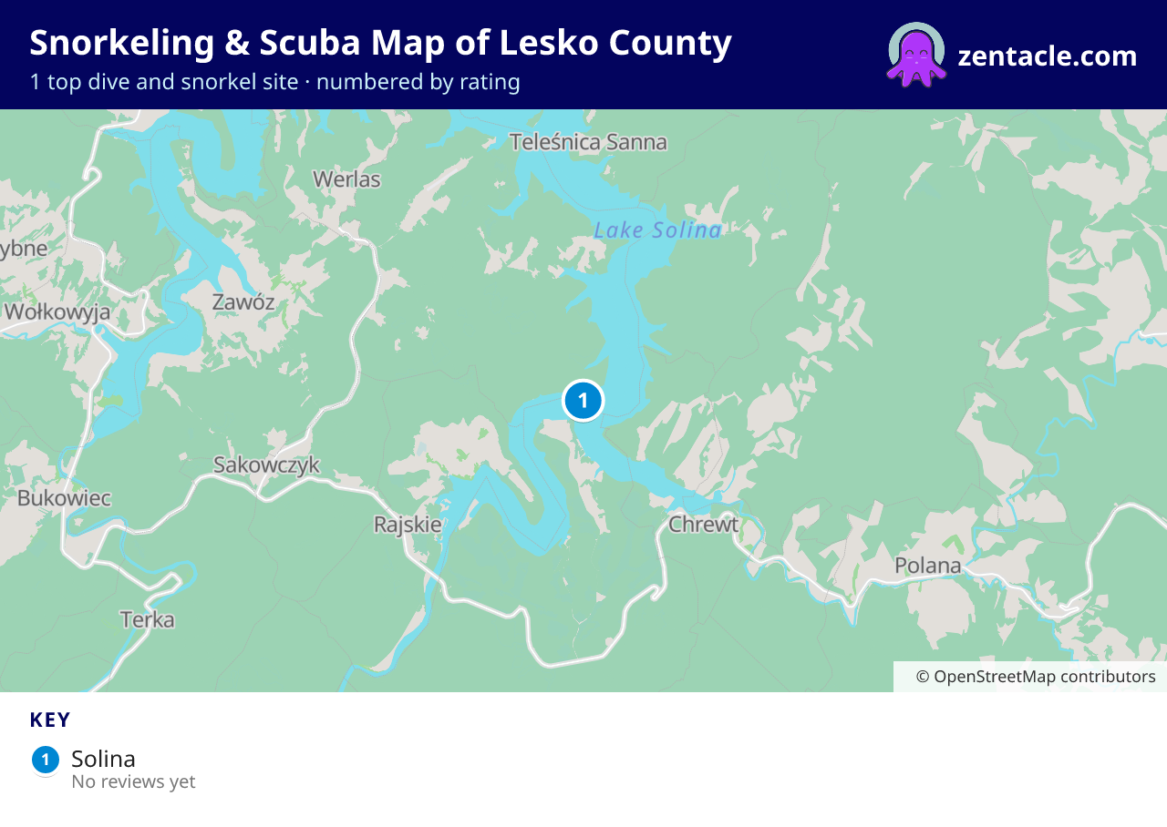 Snorkeling & Scuba Map of Lesko County: numbered map of the top 1 dive and snorkel sites, with ratings