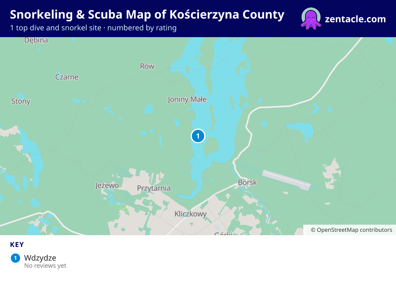 Snorkeling & Scuba Map of Kościerzyna County: numbered map of the top 1 dive and snorkel sites, with ratings