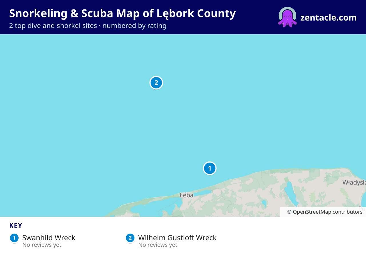 Snorkeling & Scuba Map of Lębork County: numbered map of the top 2 dive and snorkel sites, with ratings
