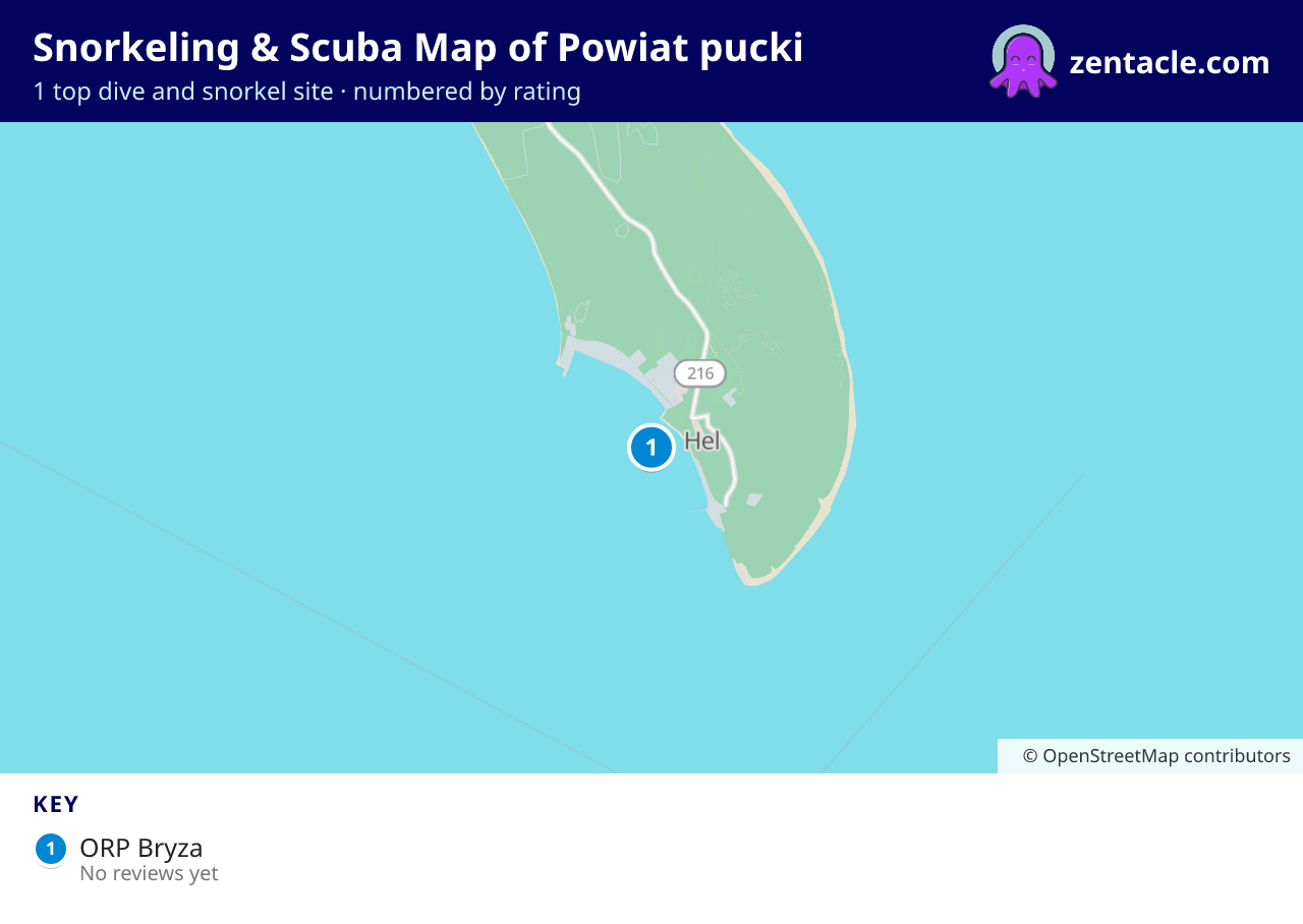 Snorkeling & Scuba Map of Powiat pucki: numbered map of the top 1 dive and snorkel sites, with ratings