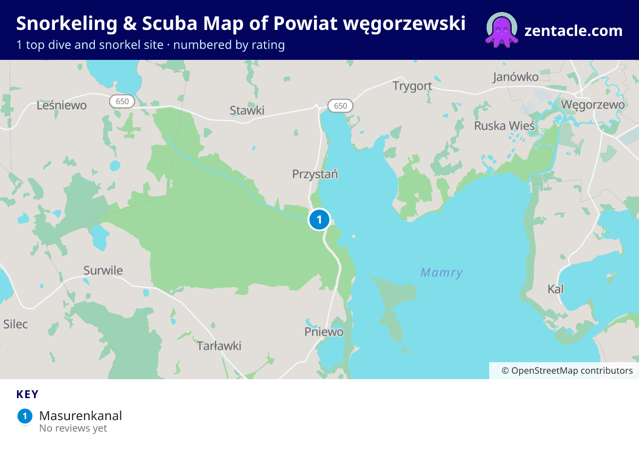 Snorkeling & Scuba Map of Powiat węgorzewski: numbered map of the top 1 dive and snorkel sites, with ratings