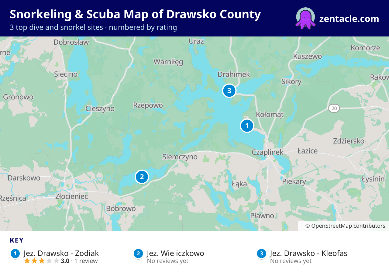 Snorkeling & Scuba Map of Drawsko County: numbered map of the top 3 dive and snorkel sites, with ratings