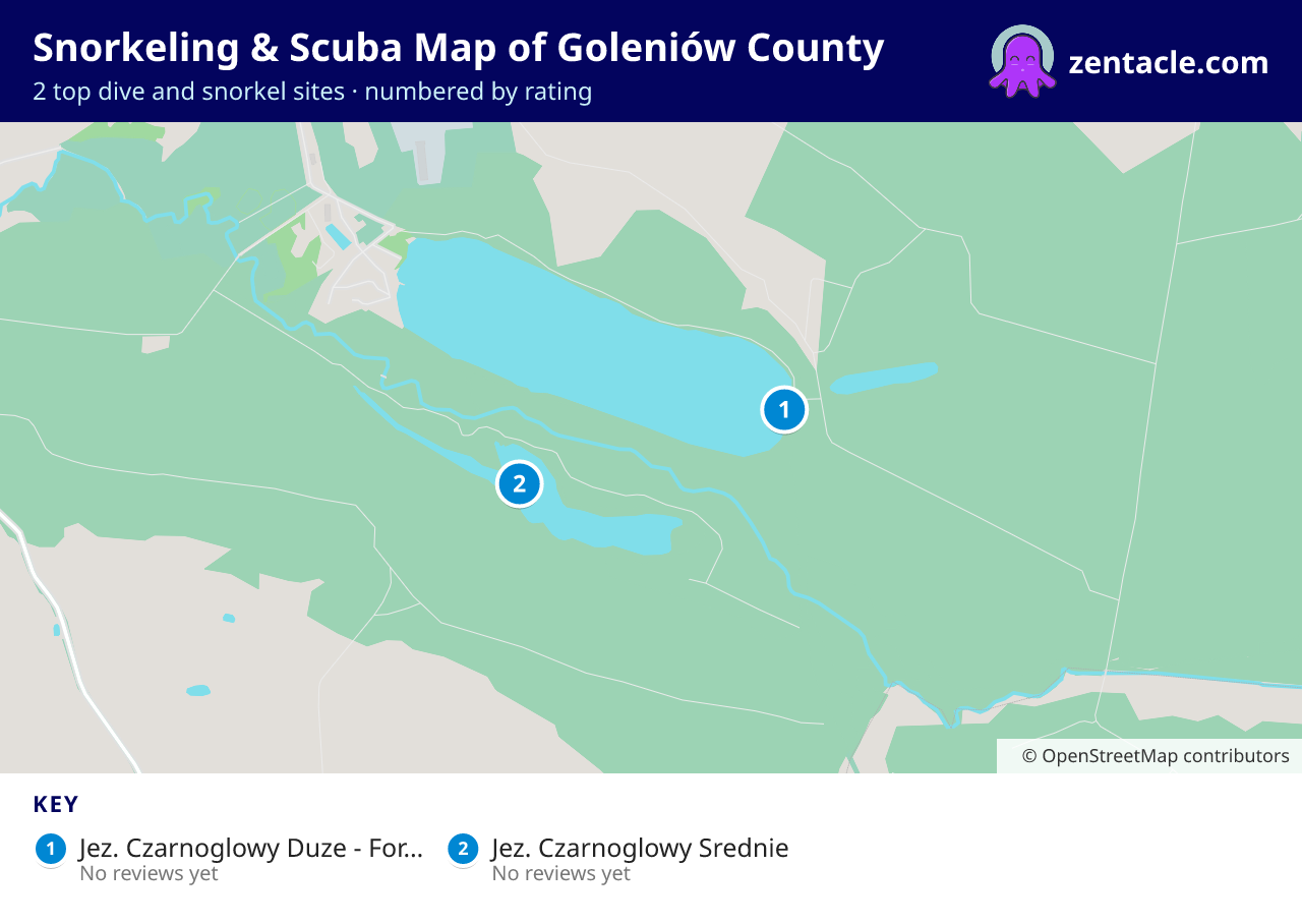 Snorkeling & Scuba Map of Goleniów County: numbered map of the top 2 dive and snorkel sites, with ratings
