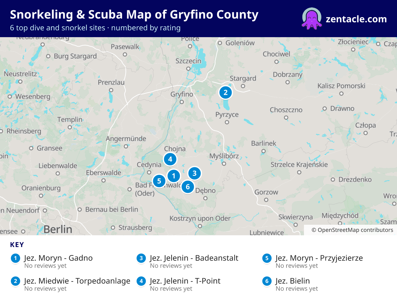 Snorkeling & Scuba Map of Gryfino County: numbered map of the top 6 dive and snorkel sites, with ratings