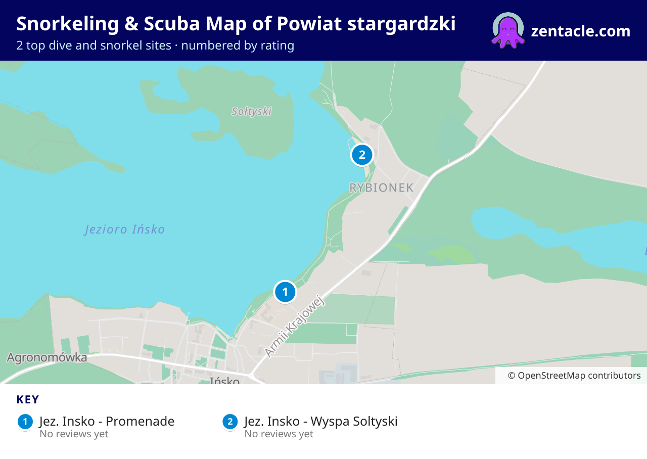 Snorkeling & Scuba Map of Powiat stargardzki: numbered map of the top 2 dive and snorkel sites, with ratings