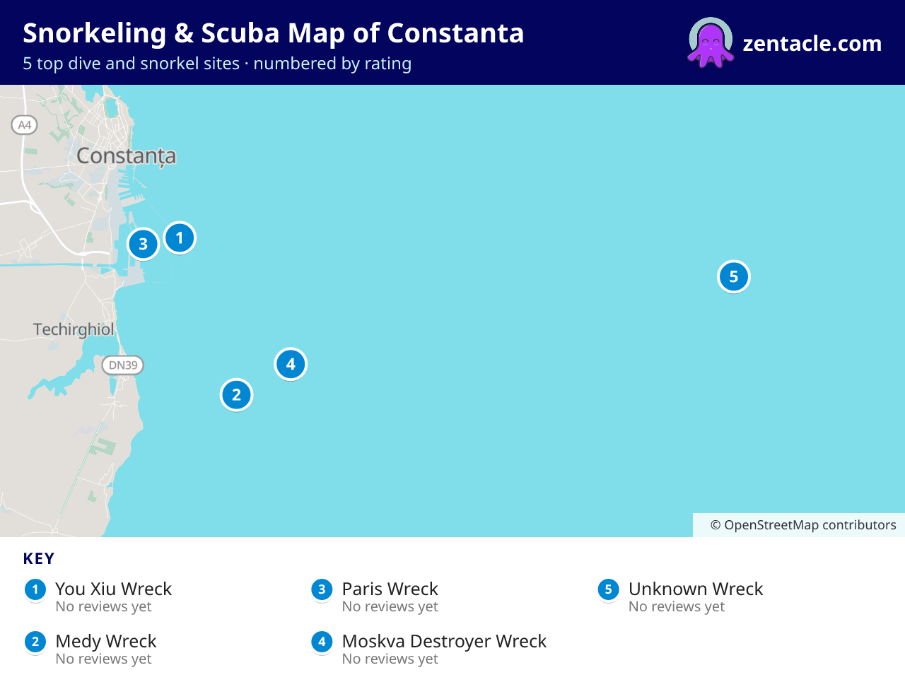Snorkeling & Scuba Map of Constanta: numbered map of the top 5 dive and snorkel sites, with ratings