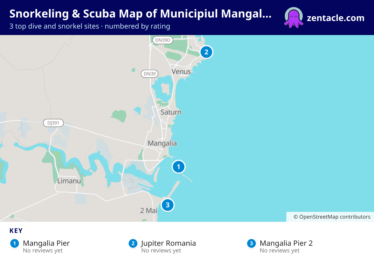 Snorkeling & Scuba Map of Municipiul Mangalia: numbered map of the top 3 dive and snorkel sites, with ratings