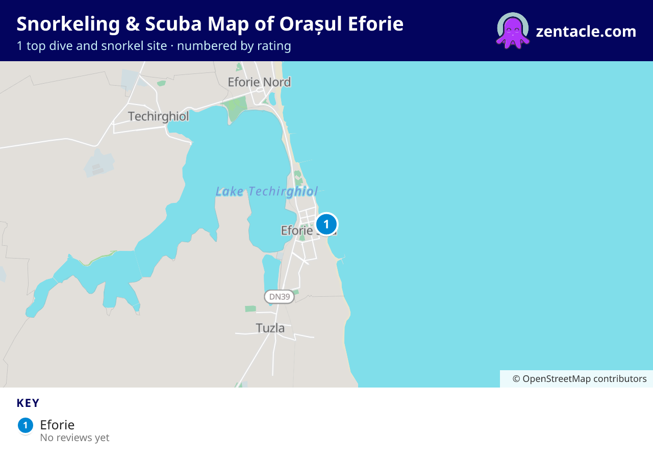 Snorkeling & Scuba Map of Orașul Eforie: numbered map of the top 1 dive and snorkel sites, with ratings